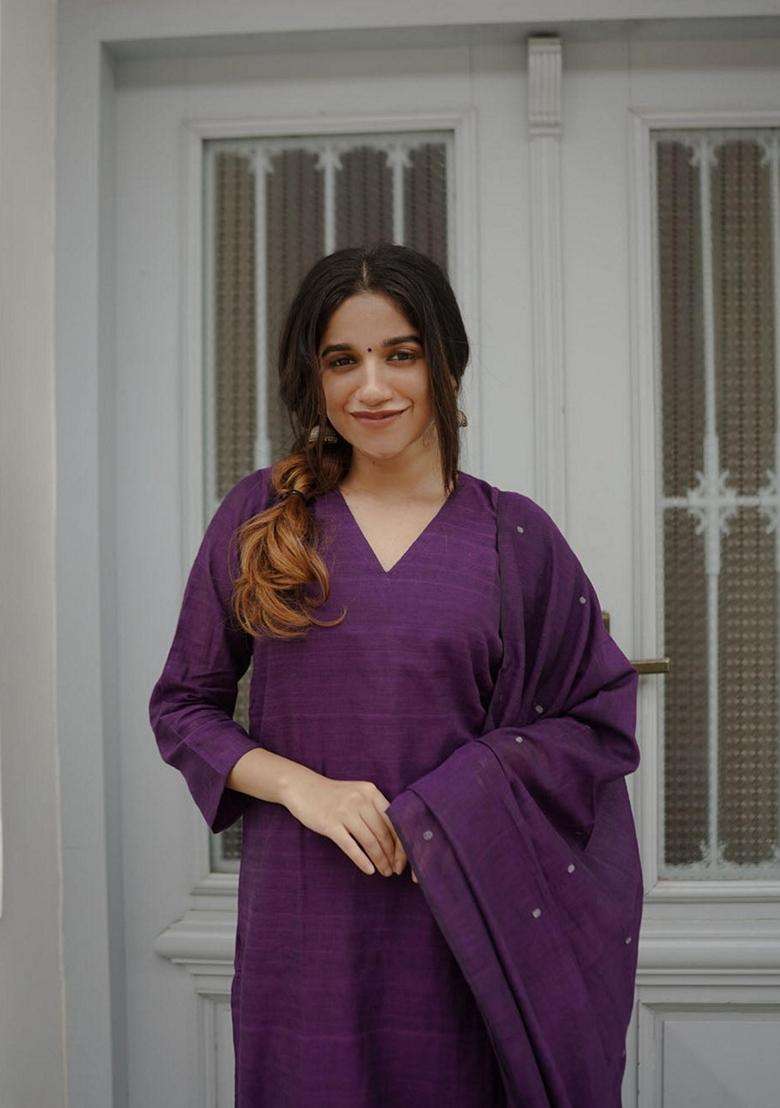 Purple Solid Rayon Kurta Set - Indya