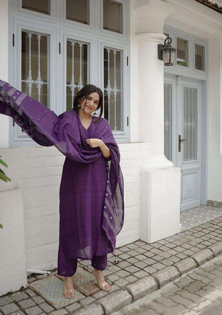 Purple Solid Rayon Kurta Set - Indya