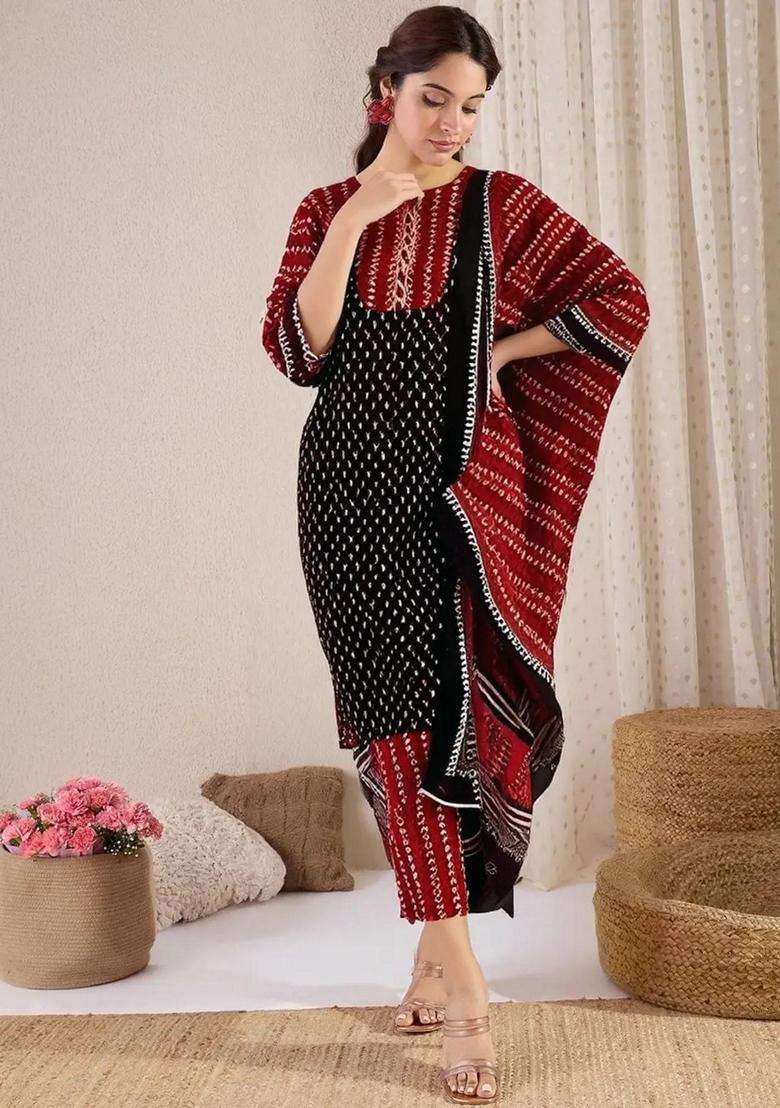 Black Printed Cotton Kurta Set - Indya