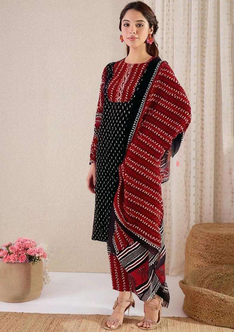 Black Printed Cotton Kurta Set - Indya