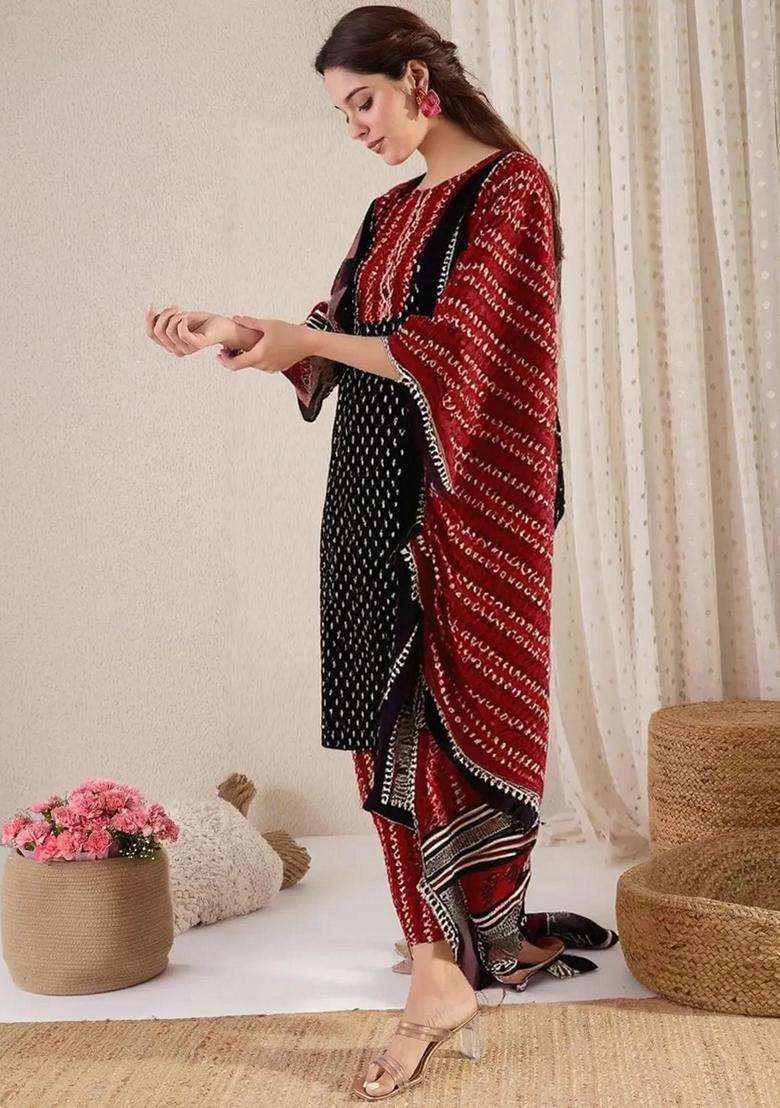 Black Printed Cotton Kurta Set - Indya