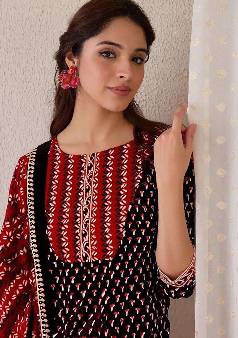 Black Printed Cotton Kurta Set - Indya