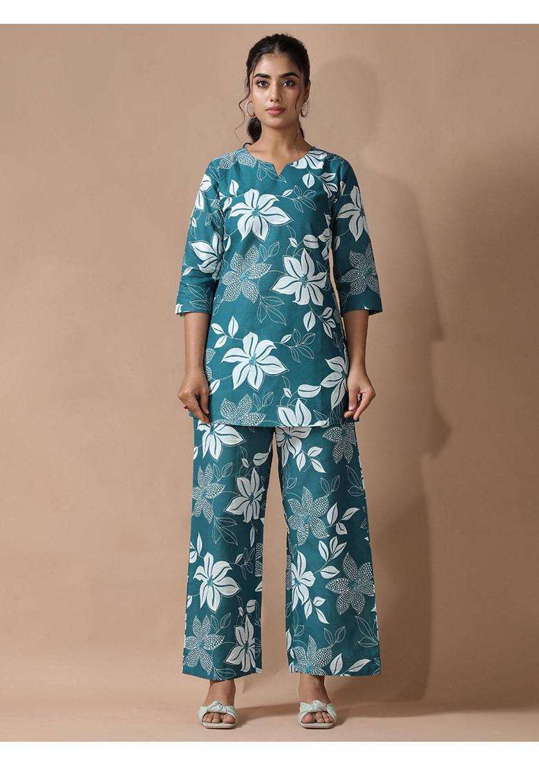 Teal Floral Cotton Co-Ord Set - Indya