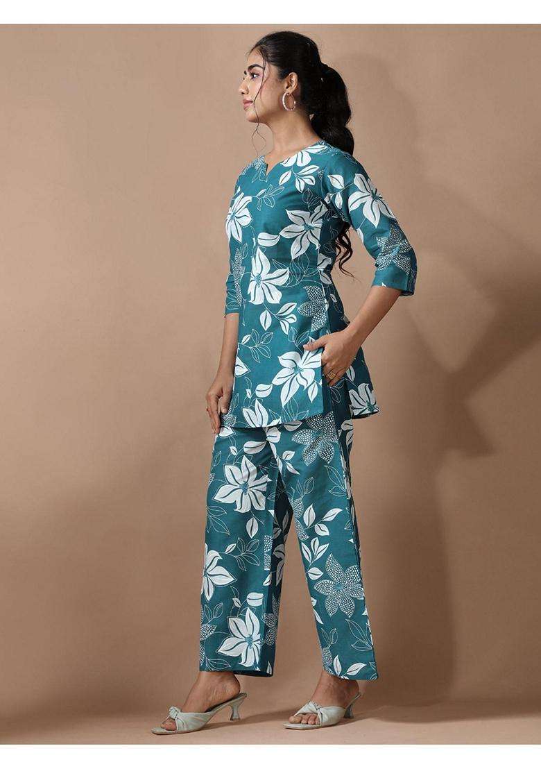 Teal Floral Cotton Co-Ord Set - Indya