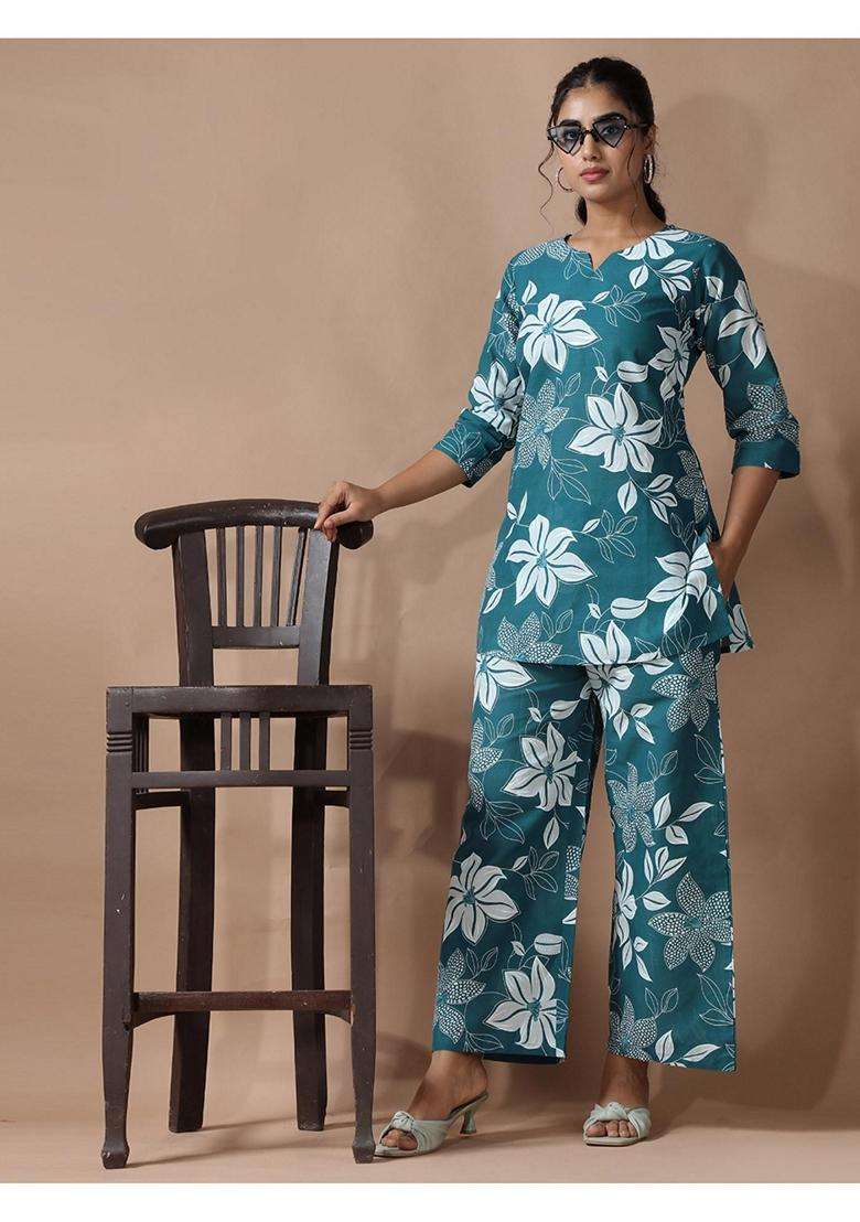 Teal Floral Cotton Co-Ord Set - Indya