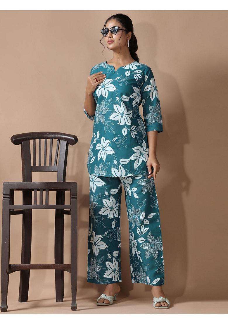 Teal Floral Cotton Co-Ord Set - Indya