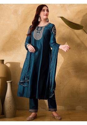 Teal Embroidery Chiffon Kurta Set
