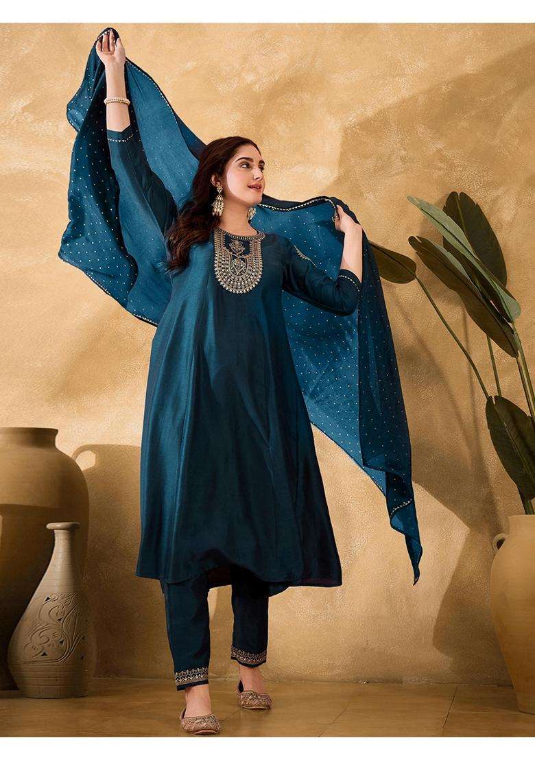 Teal Embroidery Chiffon Kurta Set - Indya