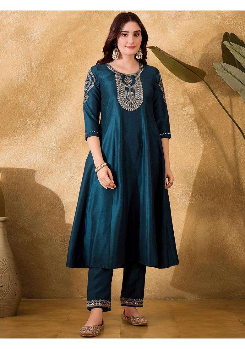 Teal Embroidery Chiffon Kurta Set - Indya