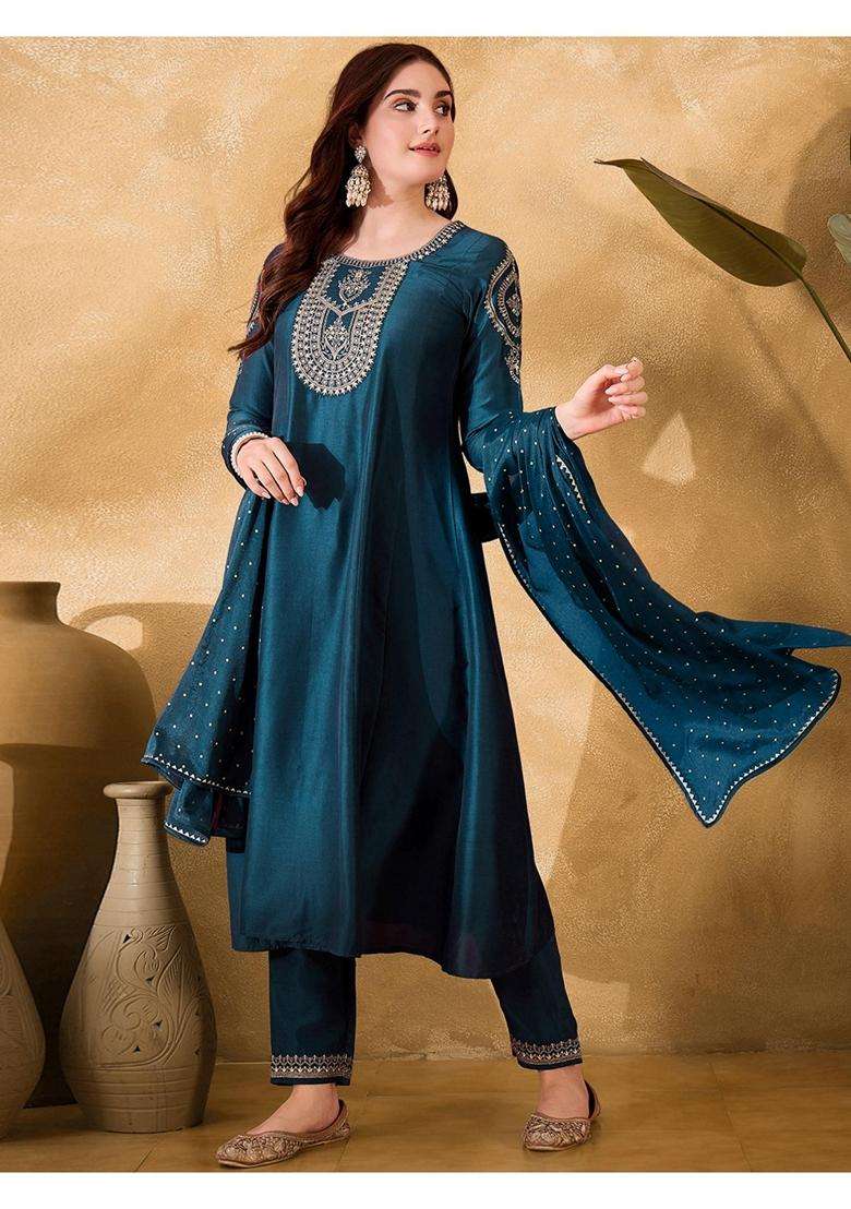 Teal Embroidery Chiffon Kurta Set - Indya