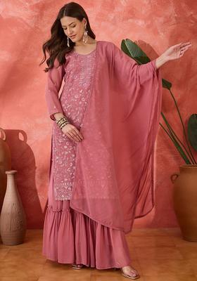 Pink Embroidery Chinon Sharara Set