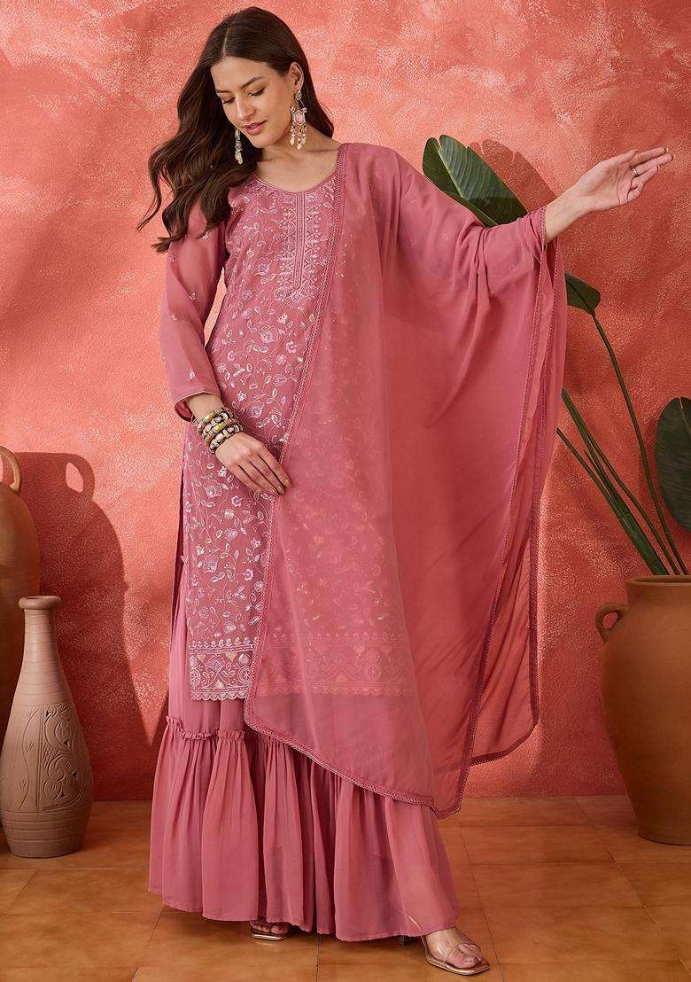 Pink Embroidery Chinon Sharara Set - Indya