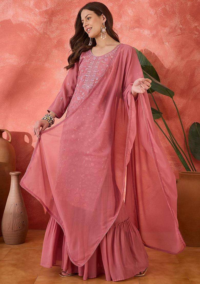 Pink Embroidery Chinon Sharara Set - Indya
