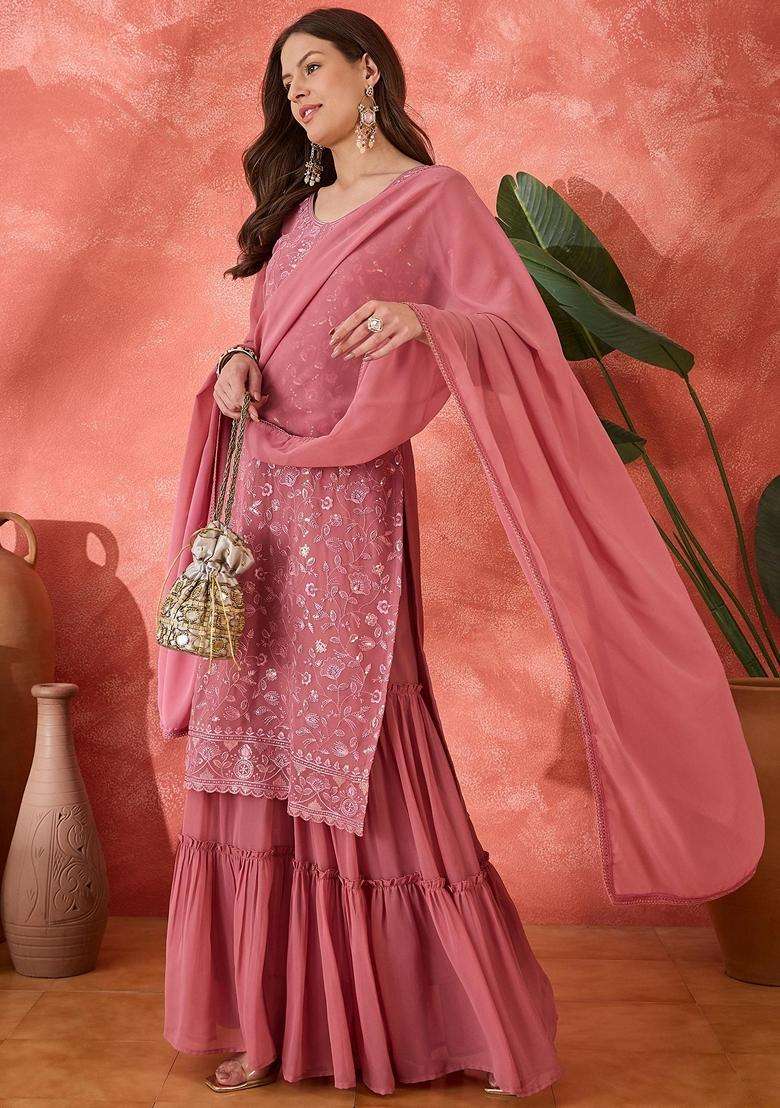 Pink Embroidery Chinon Sharara Set - Indya