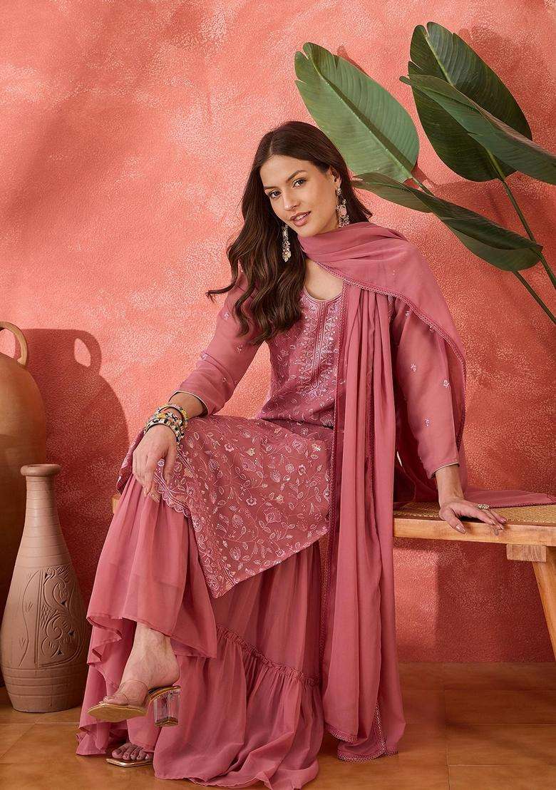 Pink Embroidery Chinon Sharara Set - Indya