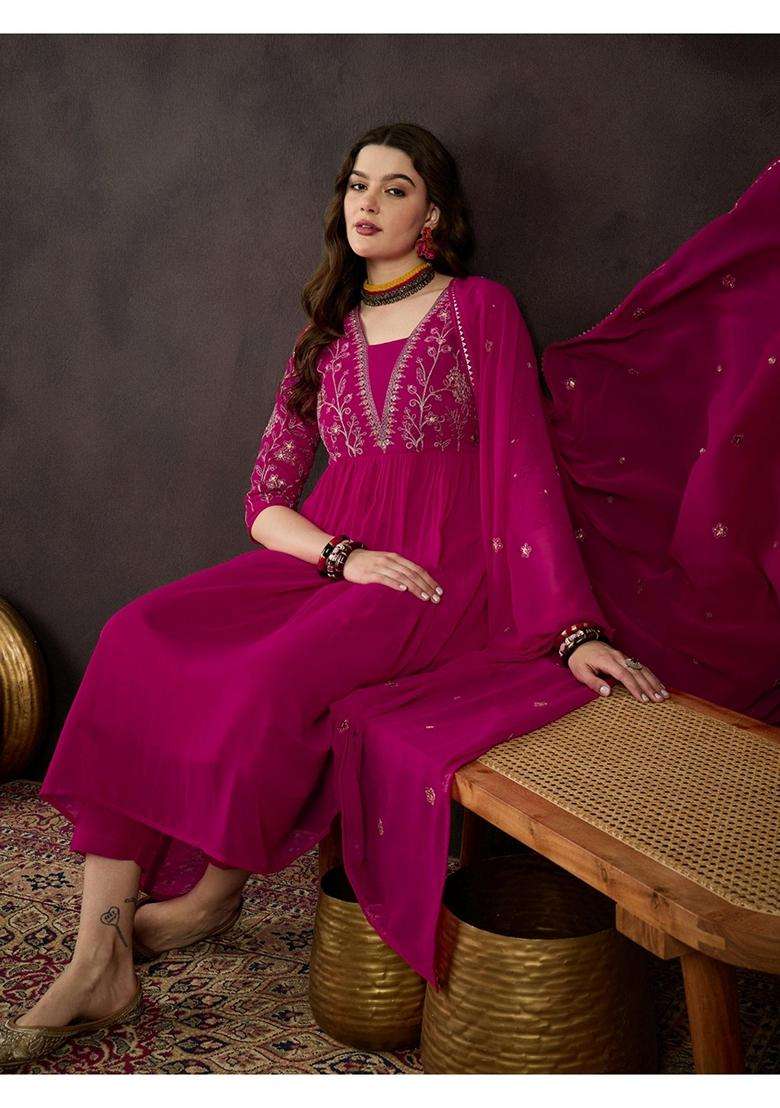 Pink Embroidery Georgette Kurta Set - Indya