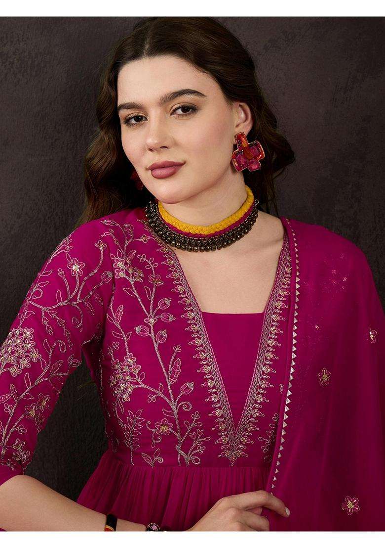 Pink Embroidery Georgette Kurta Set - Indya