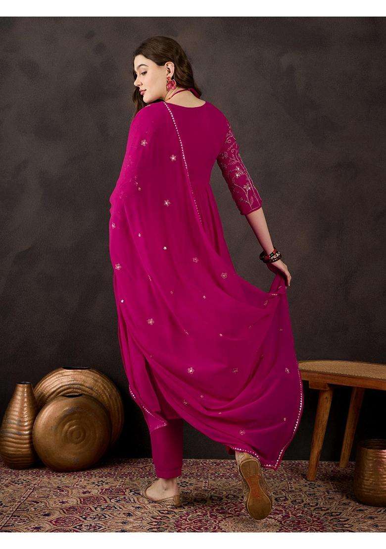 Pink Embroidery Georgette Kurta Set - Indya