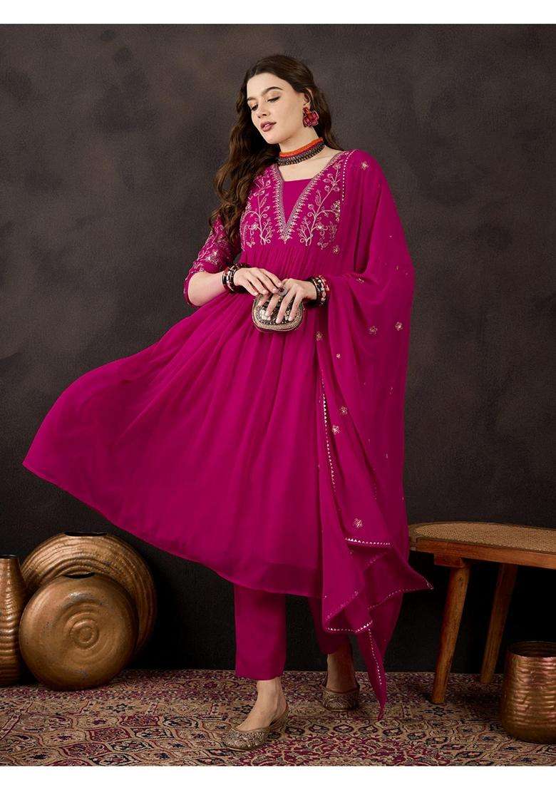 Pink Embroidery Georgette Kurta Set - Indya