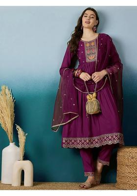 Purple Embroidery Silk Kurta Set