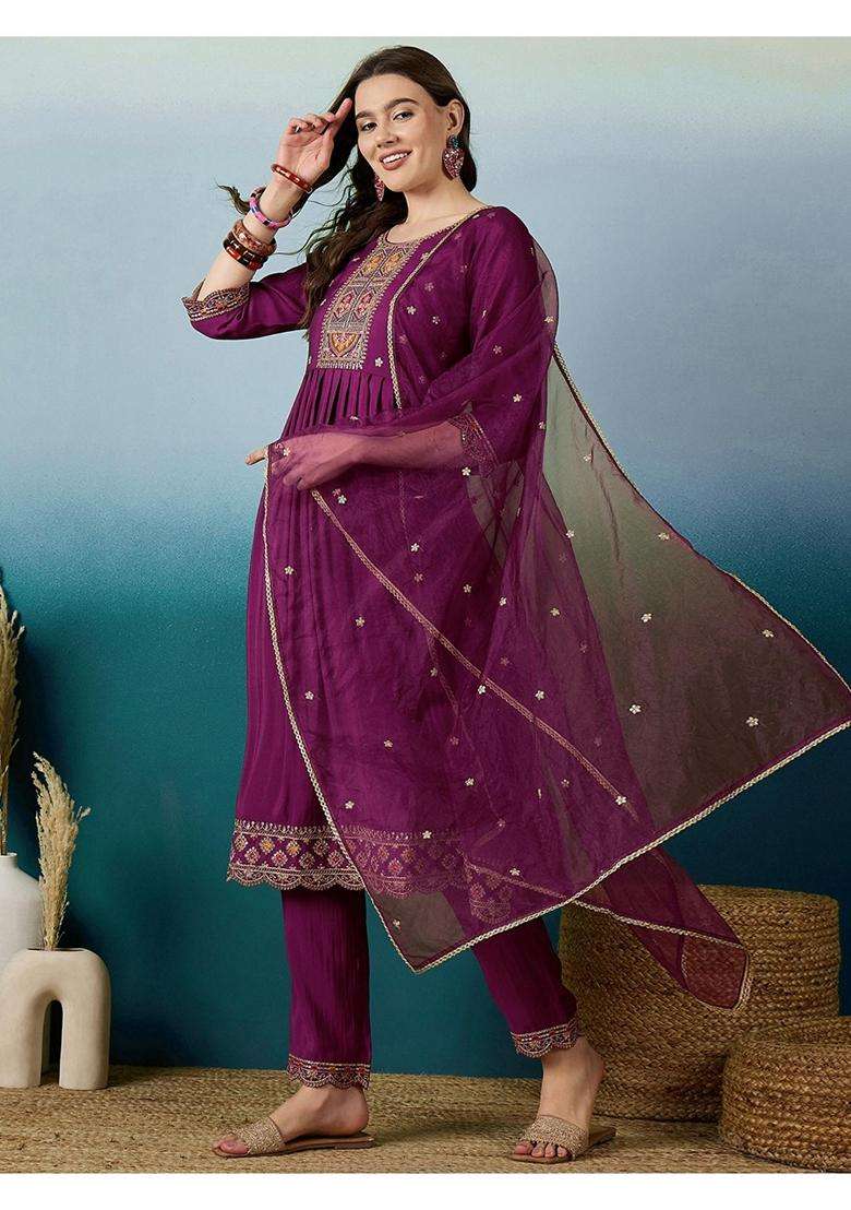 Purple Embroidery Silk Blend Kurta Set - Indya