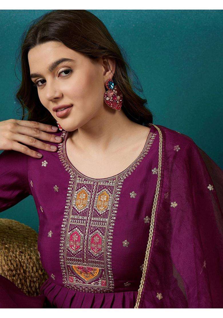 Purple Embroidery Silk Blend Kurta Set - Indya