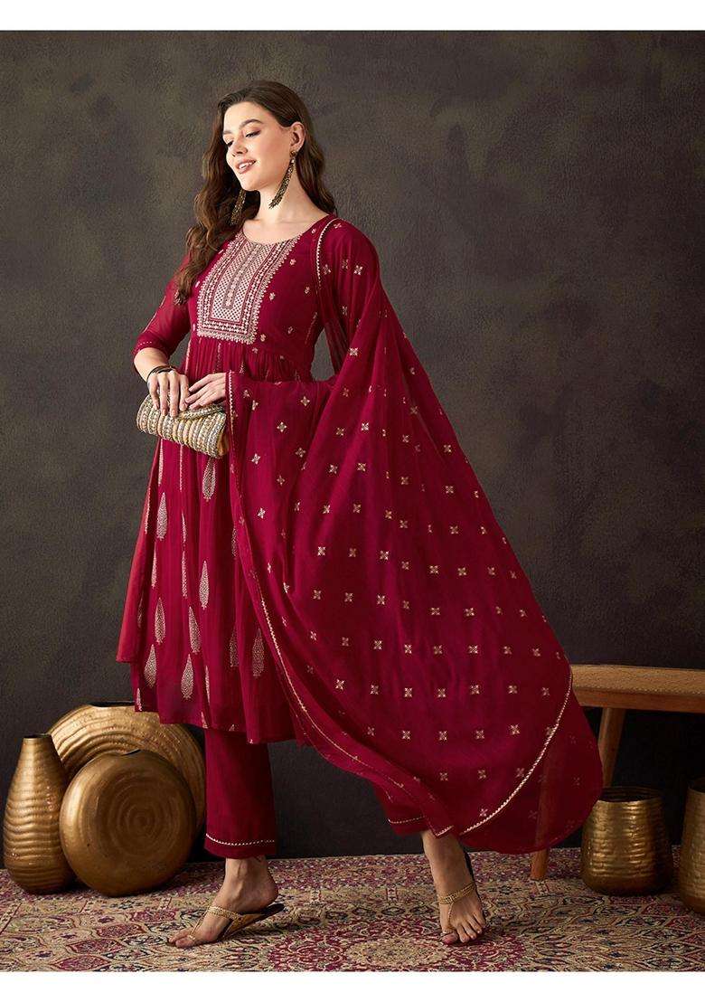 Maroon Embroidery Georgette Kurta Set - Indya