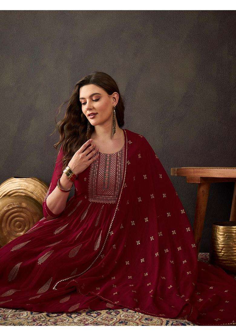 Maroon Embroidery Georgette Kurta Set - Indya