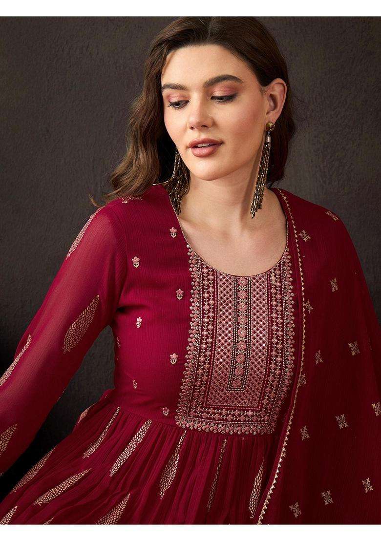 Maroon Embroidery Georgette Kurta Set - Indya