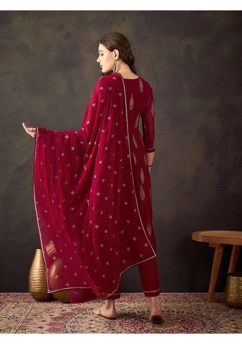 Maroon Embroidery Georgette Kurta Set - Indya