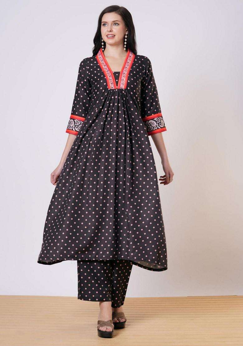 Black Printed Rayon Anarkali Set - Indya