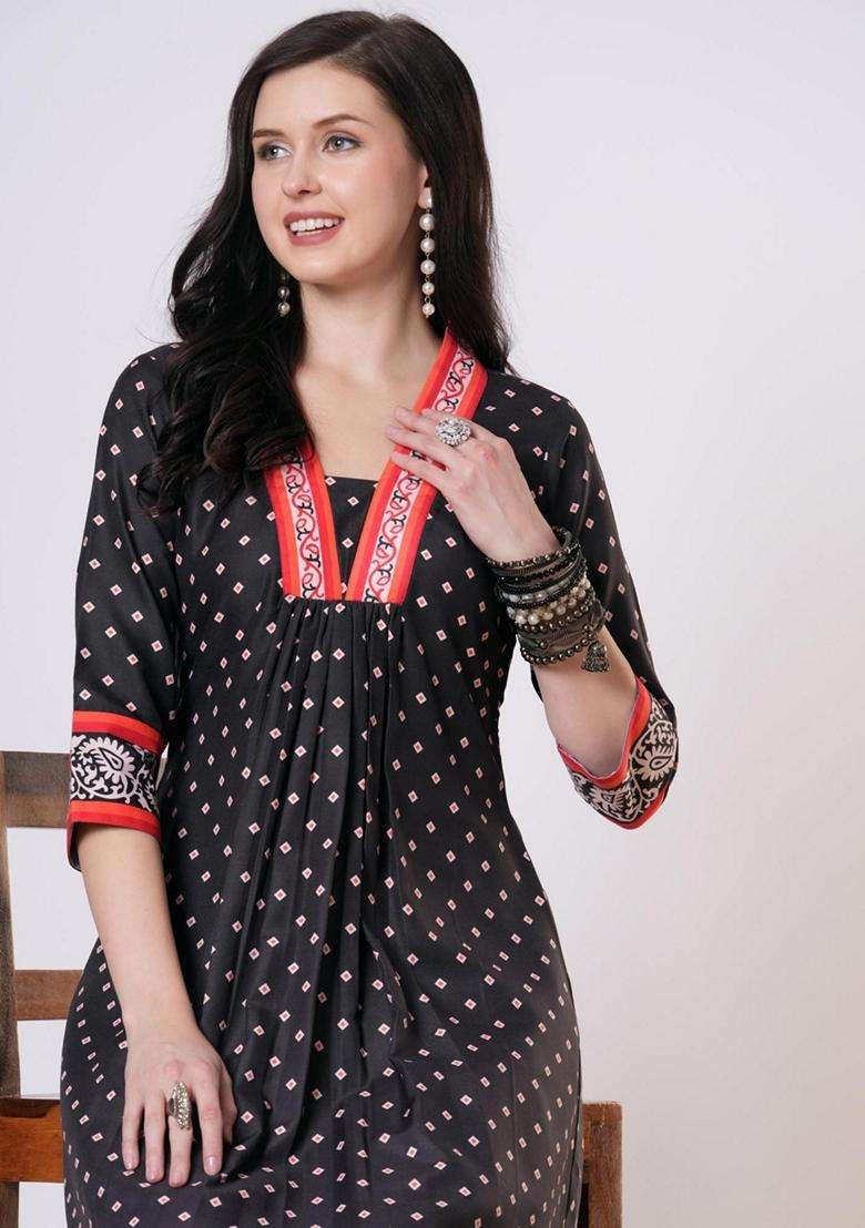 Black Printed Rayon Anarkali Set - Indya