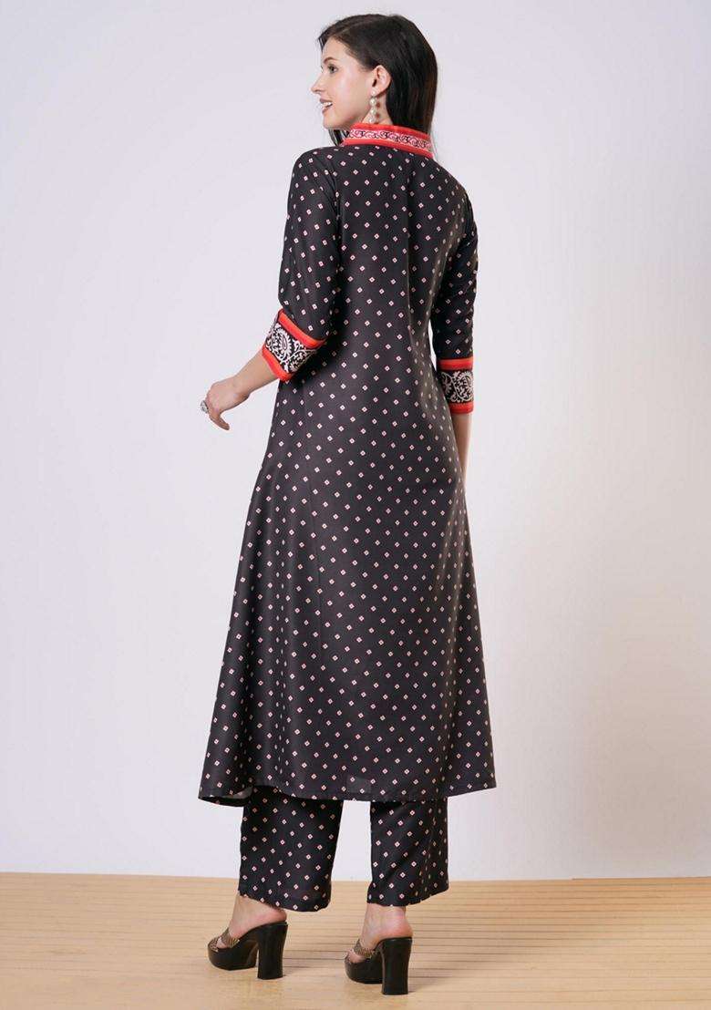 Black Printed Rayon Anarkali Set - Indya