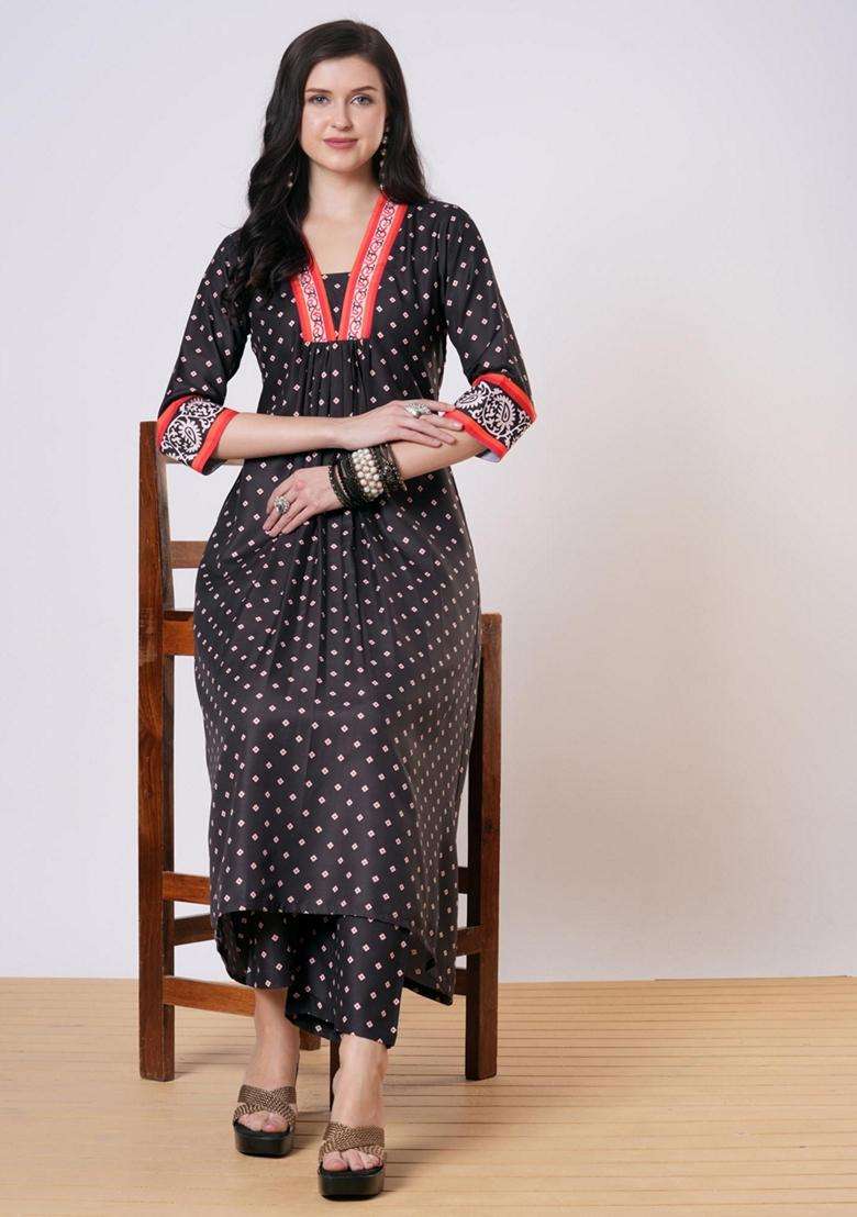 Black Printed Rayon Anarkali Set - Indya