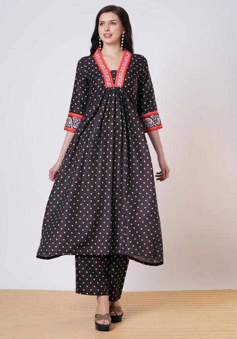 Black Printed Rayon Anarkali Set — view on Indya
