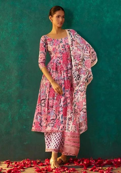 Pink Floral Cotton Anarkali Set — view on Indya