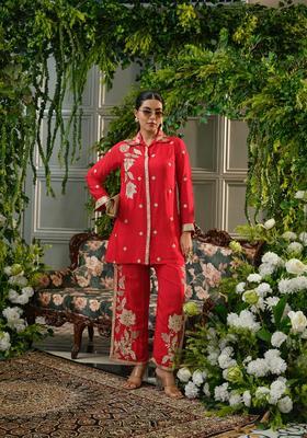 Red Embellished Polyester Co-Ord Set