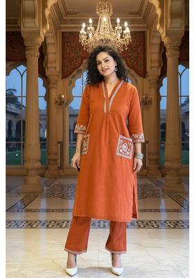 Orange Embroidery Rayon Kurta Set