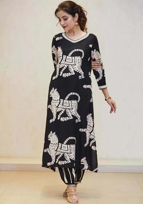 Black Printed Rayon Kurta Set
