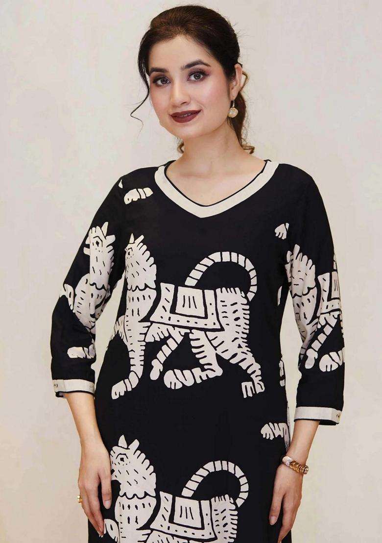 Black Printed Rayon Kurta Set - Indya