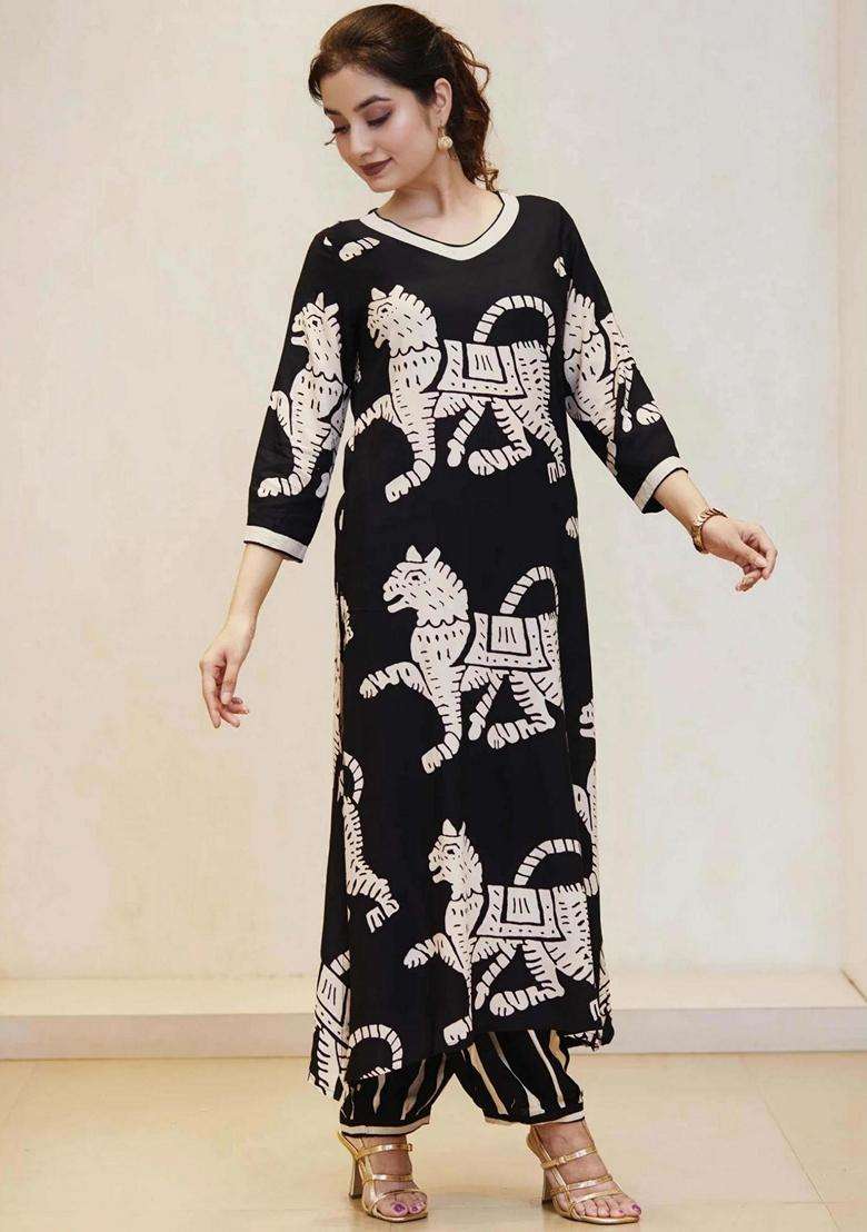 Black Printed Rayon Kurta Set - Indya