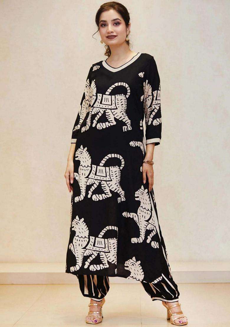 Black Printed Rayon Kurta Set - Indya