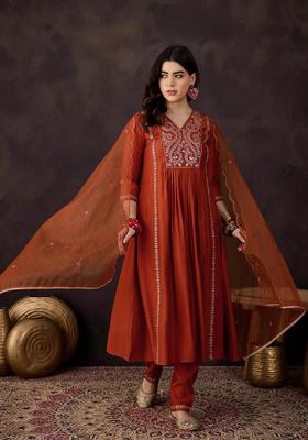 Rust Printed Silk Kurta Set