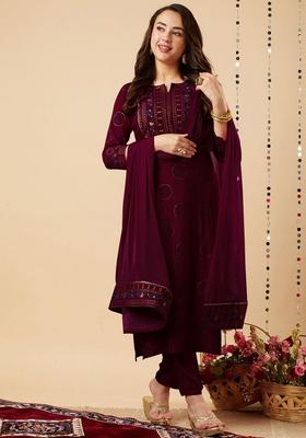 Wine Embroidery Rayon Kurta Set