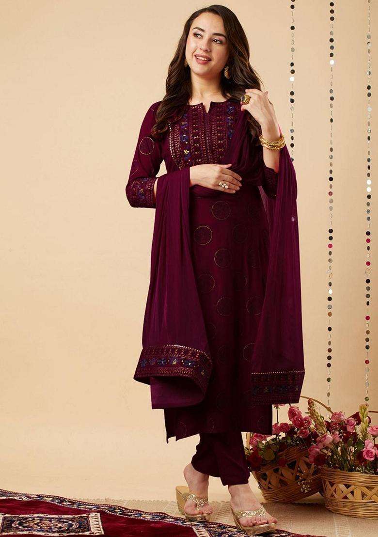 Wine Embroidery Rayon Kurta Set - Indya