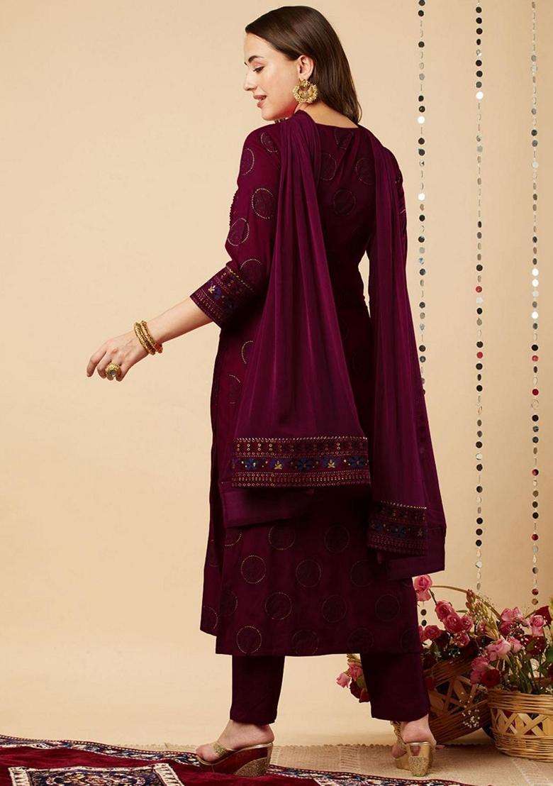Wine Embroidery Rayon Kurta Set - Indya