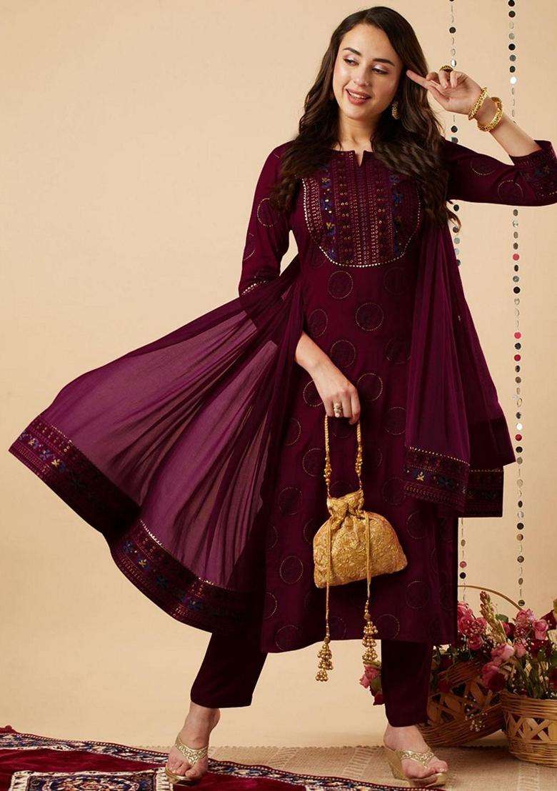 Wine Embroidery Rayon Kurta Set - Indya