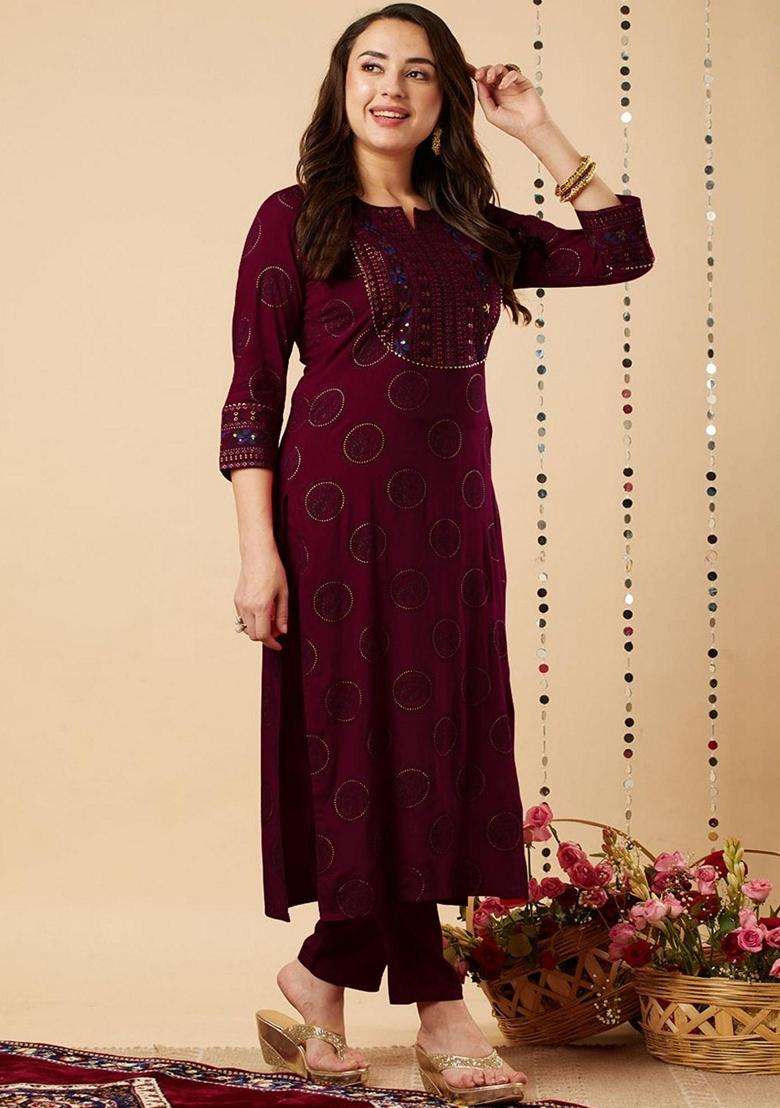Wine Embroidery Rayon Kurta Set - Indya