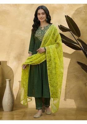 Green Embroidery Crepe Kurta Set