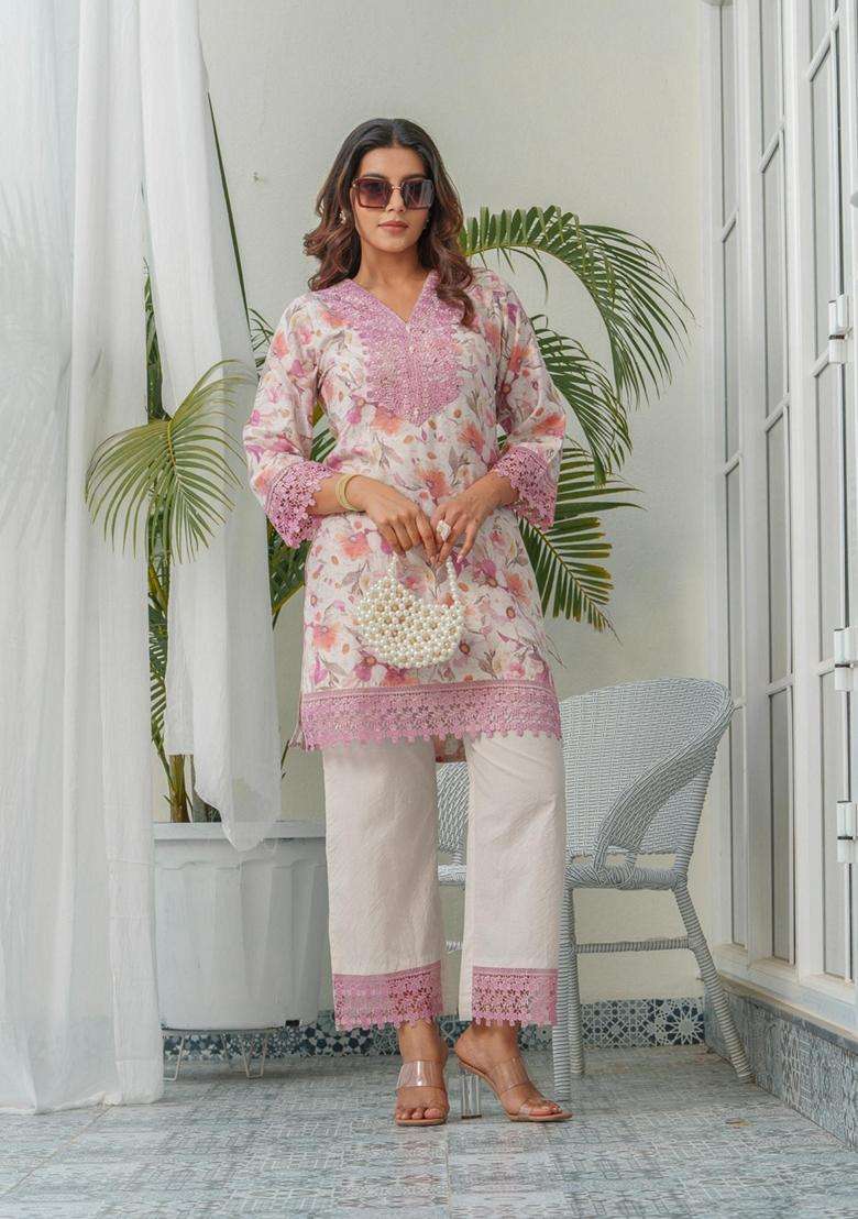 Light Pink Floral Linen Co-Ord Set - Indya